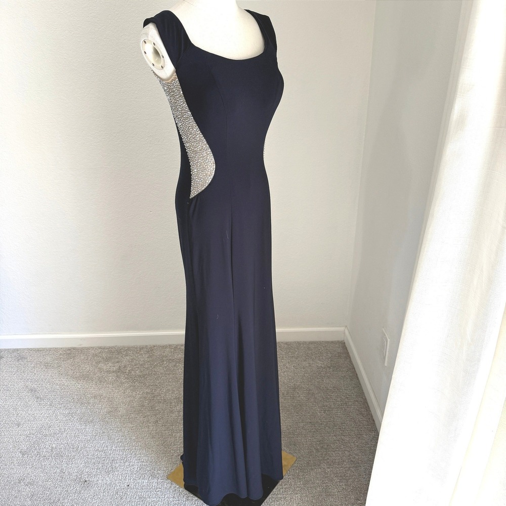 XSCAPE Navy Blue‎ Rhinestone Illusion Gown Formal Evening Dress Prom Wedding 4